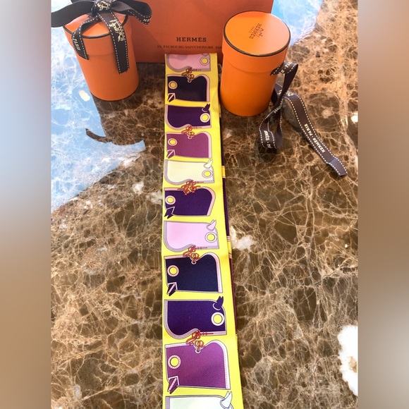 HERMES SILK CAMAILS JAUNE ENCRE YELLOW PURPLE MAUVE BANDEAU TWILLY WRAPS 2 SET - Picture 5 of 11